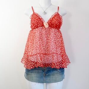 y2k red polka dot sheer mesh cami ruffle trim